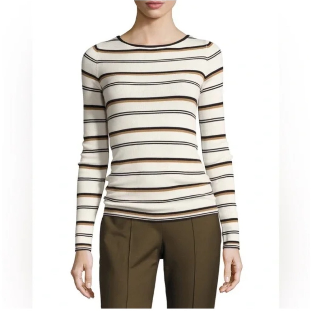 Theory Cream and Brown Merino Wool Striped Long Sleeve Top